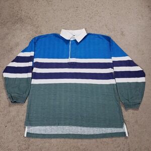 Vintage Saturdays Polo Rugby Shirt Men Large Blue Green Long Sleeve Striped 80s